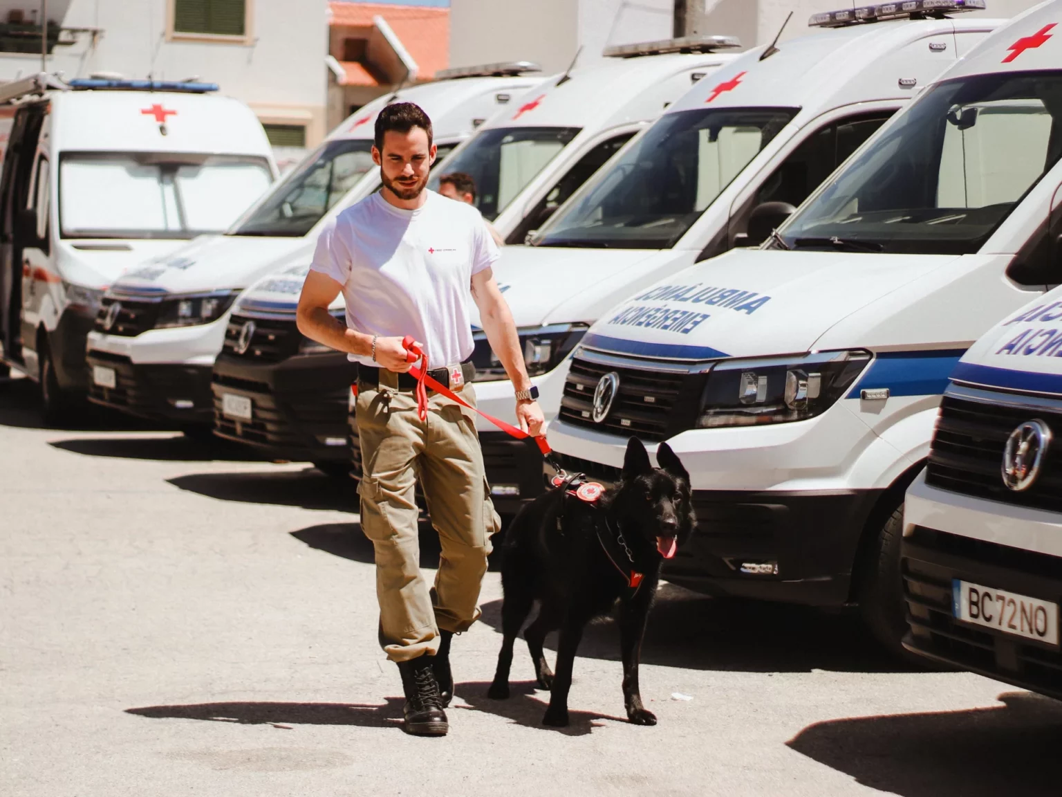 Profissional da Cruz Vermelha Portuguesa acompanhado de um cão